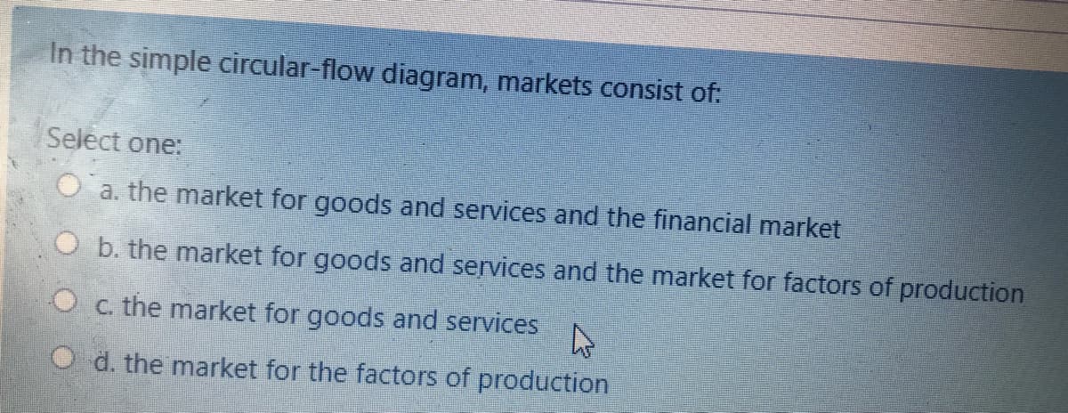 In the simple circular-flow diagram, markets consist of:
Select one:
O a. the market for goods and services and the financial market
O b. the market for goods and services and the market for factors of production
O c. the market for goods and services
O d. the market for the factors of production
