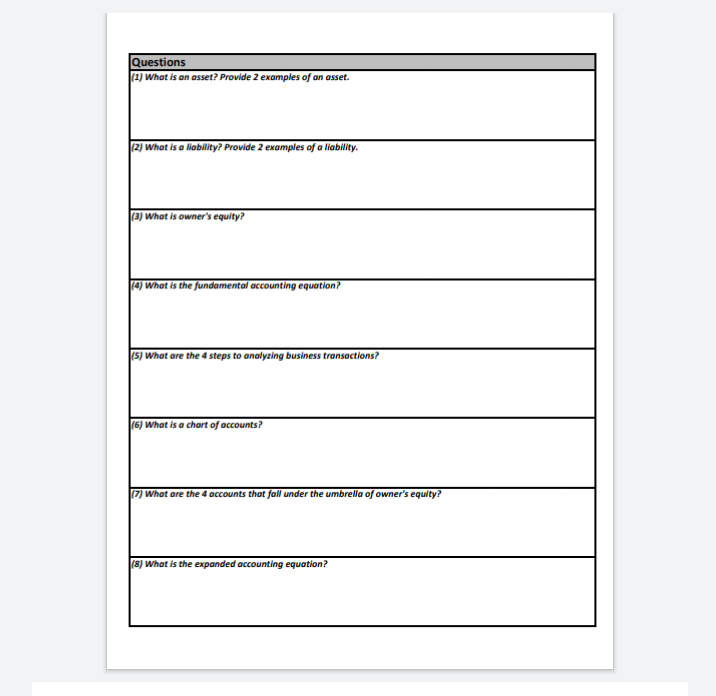 Questions
(4) What is an asset? Provide 2 examples of an asset.
2) What is a liability? Provide 2 examples of a liability.
(3) What is owner's equity?
14) What is the fundamental accounting equation?
5) What are the 4 steps to analyzing business transactions?
16) What is a chart of accounts?
7) What are the 4 accounts that fall under the umbrella of owner's equity?
(8) What is the expanded accounting equation?
