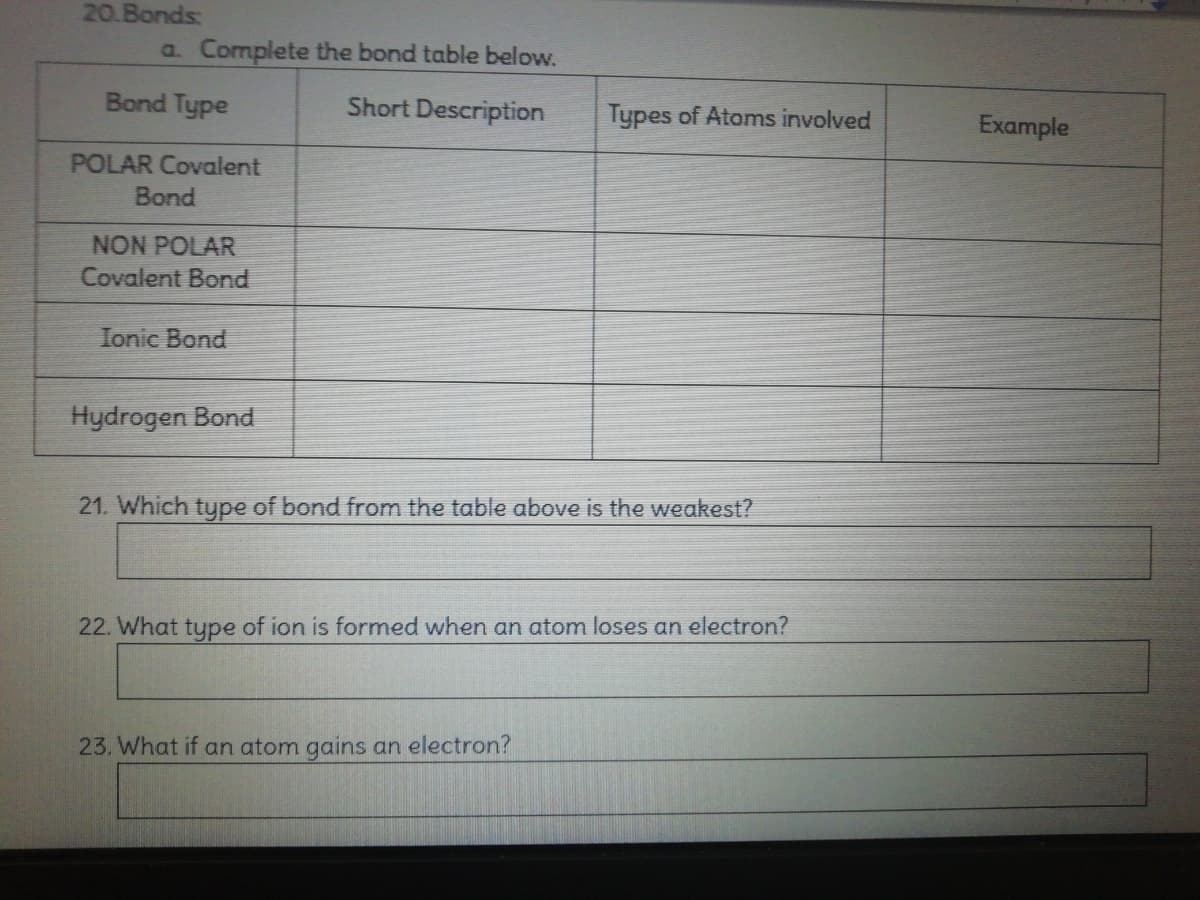 20.Bonds:
a Complete the bond table below.
Bond Type
Short Description
Types of Atoms involved
Example
POLAR Covalent
Bond
NON POLAR
Covalent Bond
Ionic Bond
Hydrogen Bond
21. Which type of bond from the table above is the weakest?
22. What type of ion is formed when an atom loses an electron?
23. What if an atom gains an electron?
