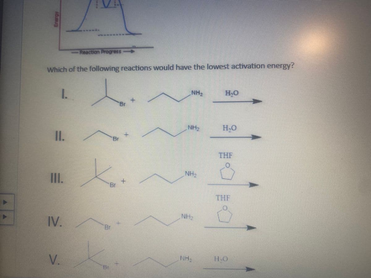 Reaction Progress
Which of the following reactions would have the lowest activation energy?
I.
NH,
H.O
Br
NH,
I.
Br
THE
NH,
III.
Br
THE
NH
IV.
Br
V.
NH.
11.0
