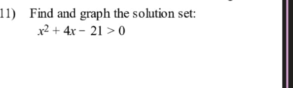 11) Find and graph the solution set:
x2 + 4x - 21 > 0
