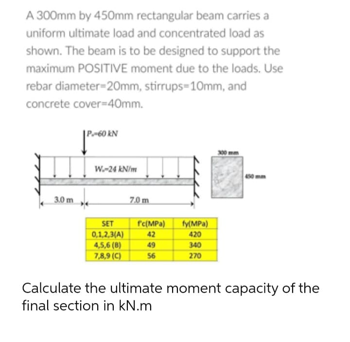 A 300mm by 450mm rectangular beam carries a
uniform ultimate load and concentrated load as
shown. The beam is to be designed to support the
maximum POSITIVE moment due to the loads. Use
rebar diameter=20mm, stirrups=10mm, and
concrete cover=40mm.
P.-60 kN
300 mm
W-24 kN/m
3.0 m
SET
f'c(MPa)
fy(MPa)
0,1,2,3(A)
42
420
4,5,6 (8)
49
340
7,8,9 (C)
56
270
Calculate the ultimate moment capacity of the
final section in kN.m
7.0 m