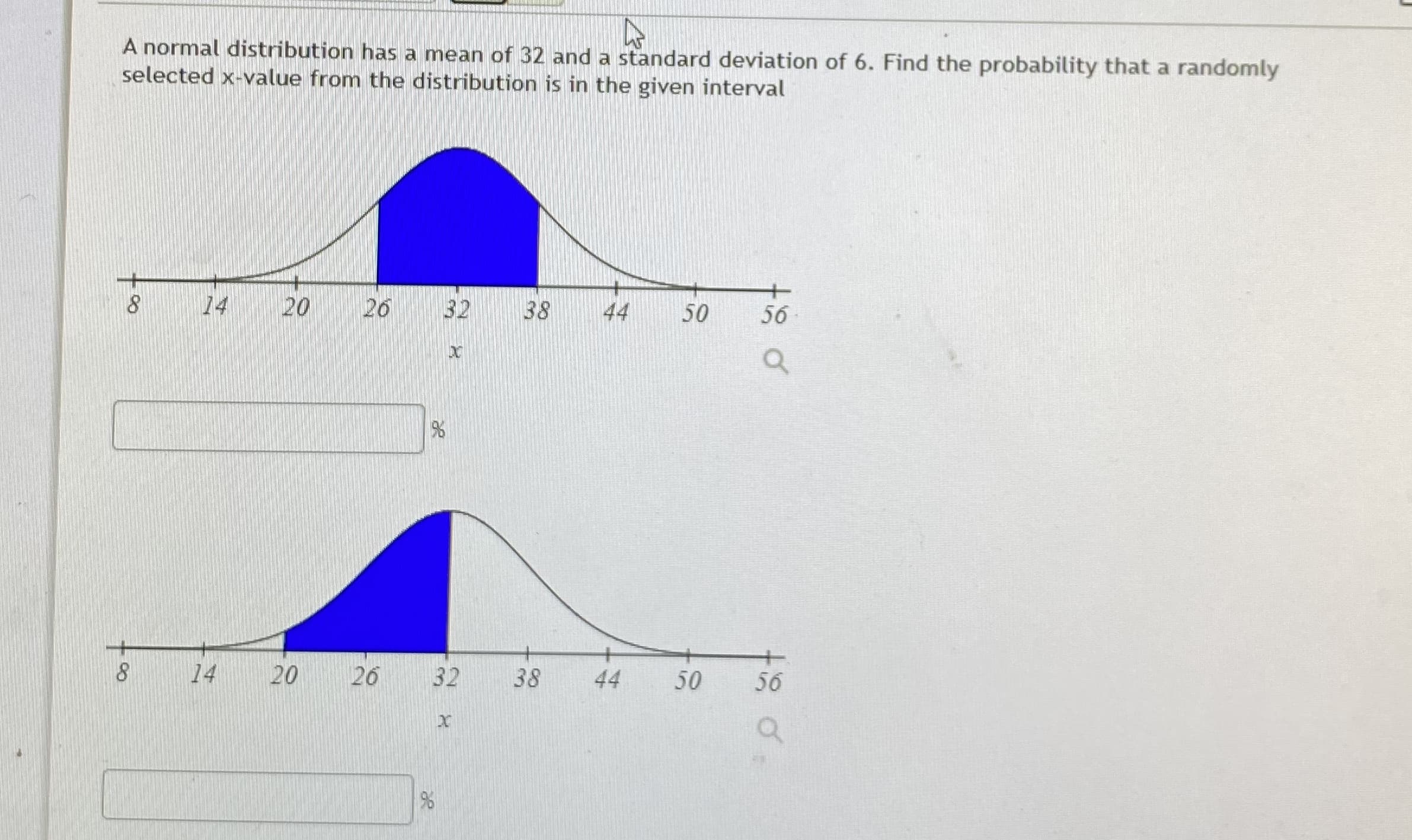 ### Normal Distribution and Probability

A normal distribution has a mean of 32 and a standard deviation of 6. Find the probability that a randomly selected x-value from the distribution is in the given interval.

#### Graphs Explanation:

1. **First Graph:**
   - **Horizontal Axis (x):** The x-axis represents the values of the random variable x, ranging from 8 to 56.
   - **Shaded Area (Blue):** The portion of the graph shaded in blue represents the interval from 26 to 38. This means we are looking for the probability that x is between 26 and 38.
   - **Distribution Curve:** The curve is a normal distribution centered at the mean value of 32, with a standard deviation of 6. 

   ![First Graph Diagram](first_graph.png) 
   
   **Probability Calculation:**
   - Insert the calculated probability percentage in the box provided.

2. **Second Graph:**
   - **Horizontal Axis (x):** Similar to the first graph, the x-axis ranges from 8 to 56.
   - **Shaded Area (Blue):** The shaded region represents the interval from 20 to 32. Here, we seek the probability that x is between 20 and 32.
   - **Distribution Curve:** Again, it's a normal distribution with mean 32 and a standard deviation of 6.

   ![Second Graph Diagram](second_graph.png)

   **Probability Calculation:**
   - Insert the calculated probability percentage in the box provided.

---

### Summary
These graphs provide visualizations for finding the probability that a randomly selected x-value falls within specified intervals of a normal distribution. You can compute these probabilities using statistical tools or z-tables for normal distributions.