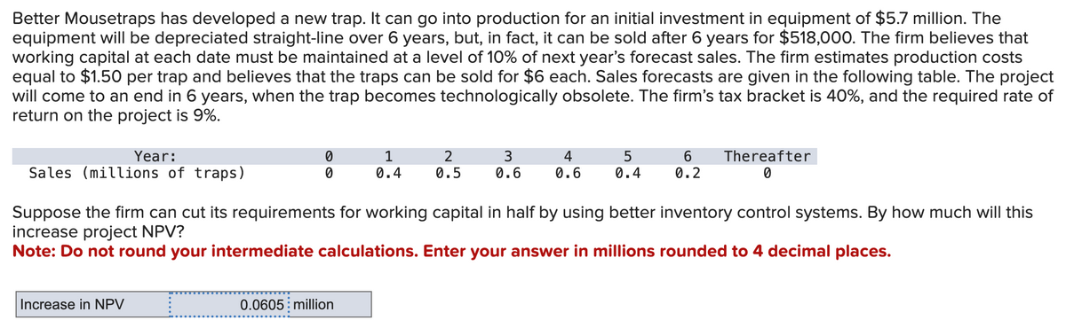 Better Mousetraps has developed a new trap. can go into production for an initial investment in equipment of $5.7 million. The
equipment will be depreciated straight-line over 6 years, but, in fact, it can be sold after 6 years for $518,000. The firm believes that
working capital at each date must be maintained at a level of 10% of next year's forecast sales. The firm estimates production costs
equal to $1.50 per trap and believes that the traps can be sold for $6 each. Sales forecasts are given in the following table. The project
will come to an end in 6 years, when the trap becomes technologically obsolete. The firm's tax bracket is 40%, and the required rate of
return on the project is 9%.
Year:
Sales (millions of traps)
0
0
Increase in NPV
1
0.4
0.0605: million
2
0.5
3
0.6
4
0.6
5
0.4
6
0.2
Suppose the firm can cut its requirements for working capital in half by using better inventory control systems. By how much will this
increase project NPV?
Note: Do not round your intermediate calculations. Enter your answer in millions rounded to 4 decimal places.
Thereafter
0
