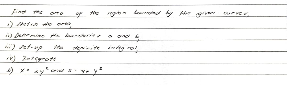 Find the
are a
the
of
1) sketch the area
ii) Determine the boundaries
i1) set-up
the
definite
iv) Integrate
3) X = 2y² and x = 4+ y²
region
bounded by the given
a and
6
integral,
curver,