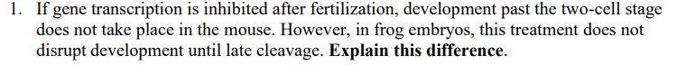 1. If gene transcription is inhibited after fertilization, development past the two-cell stage does not take place in the mouse. However, in frog embryos, this treatment does not disrupt development until late cleavage. **Explain this difference.**
