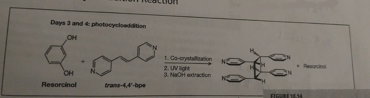 Days 3 and 4: photocycloaddition
OH
200
N
OH
Resorcinol
trans-4,4'-bpe
1. Co-crystallization
2. UV light
3. NaOH extraction
N3
N2
Hima
H
H
H
EN
EN
+ Resorcinol
FIGURE 18.14