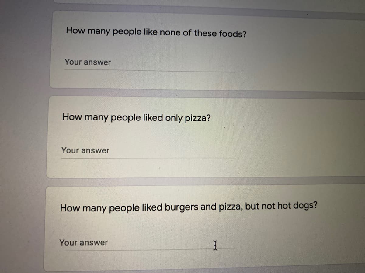 How many people like none of these foods?
Your answer
How many people liked only pizza?
Your answer
How many people liked burgers and pizza, but not hot dogs?
Your answer
