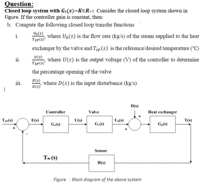 Question:
Closed loop system with Gc(s)=KER+: Consider the closed loop system shown in
Figure. If the controller gain is constant, then:
b. Compute the following closed loop transfer functions
Uo(s)
TSP(s)
i.
where Uo (s) is the flow rate (kg/s) of the steam supplied to the heat
exchanger by the valve and Tsp(s) is the reference/desired temperature (°C)
ii.
U(s)
where U(s) is the output voltage (V) of the controller to determine
TSP(s)'
the percentage opening of the valve
E(S) where D(s) is the input disturbance (kg/s)
D(s)
iii.
D(s)
Controller
Valve
Heat exchanger
Tsr(s)
E(s)
U(s)
U,(s)
T(s)
G(8)
G,(8)
G,(8)
Sensor
Tm (s)
H(s)
Figure : Block diagram of the above system
