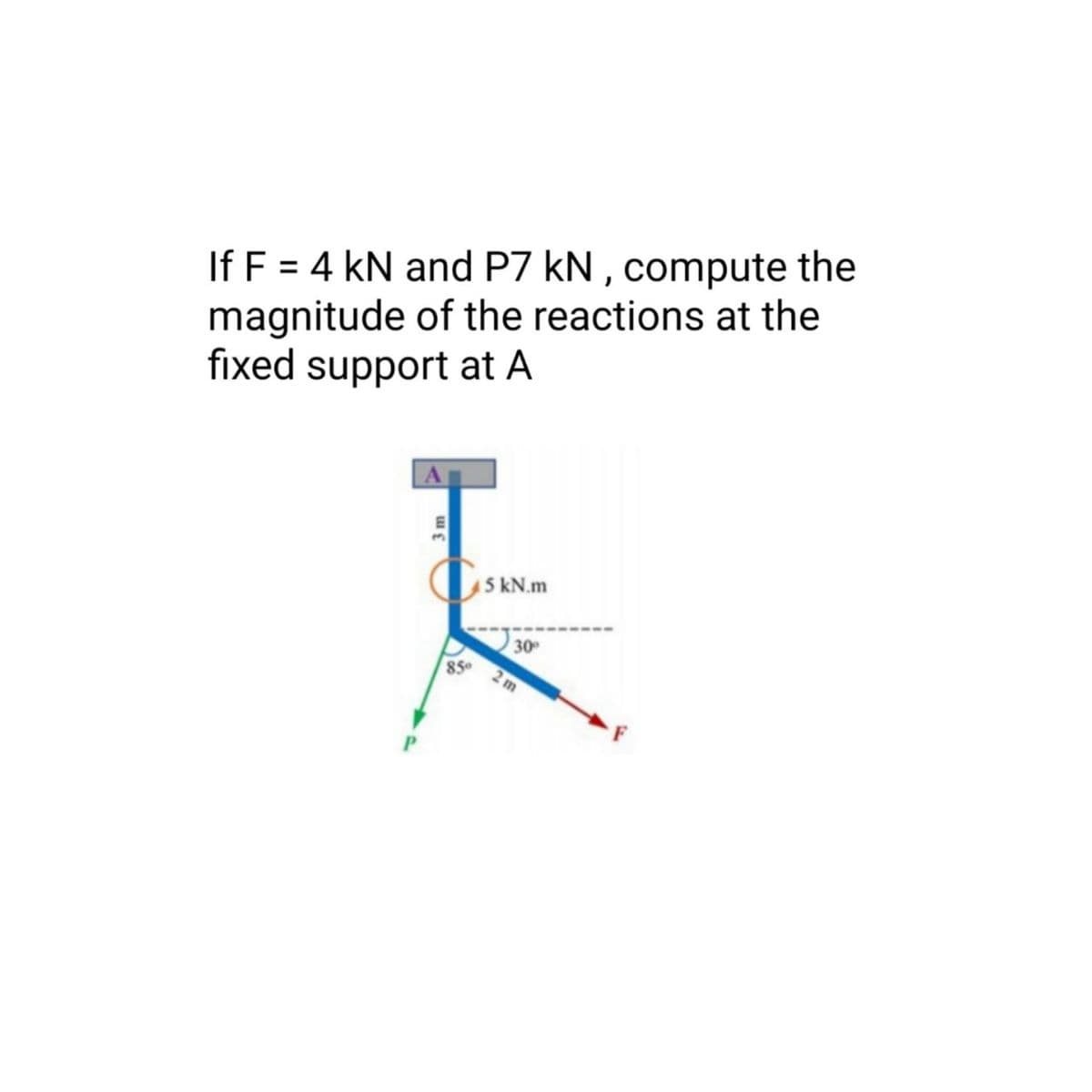 If F = 4 kN and P7 kN , compute the
magnitude of the reactions at the
fixed support at A
3.
30
85
2 m
