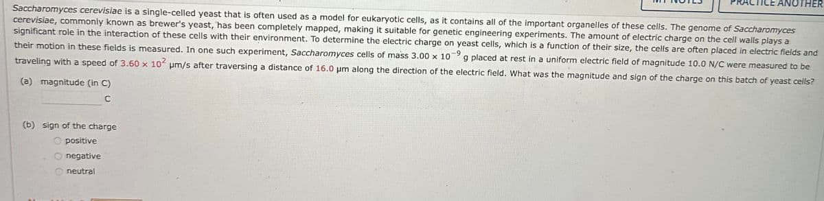 Saccharomyces cerevisiae is a single-celled yeast that is often used as a model for eukaryotic cells, as it contains all of the important organelles of these cells. The genome of Saccharomyces
cerevisiae, commonly known as brewer's yeast, has been completely mapped, making it suitable for genetic engineering experiments. The amount of electric charge on the cell walls plays a
significant role in the interaction of these cells with their environment. To determine the electric charge on yeast cells, which is a function of their size, the cells are often placed in electric fields and
their motion in these fields is measured. In one such experiment, Saccharomyces cells of mass 3.00 x 109 g placed at rest in a uniform electric field of magnitude 10.0 N/C were measured to be
traveling with a speed of 3.60 x 10² μm/s after traversing a distance of 16.0 μm along the direction of the electric field. What was the magnitude and sign of the charge on this batch of yeast cells?
(a) magnitude (in C)
C
(b) sign of the charge
Opositive
ANOTHER
negative
neutral