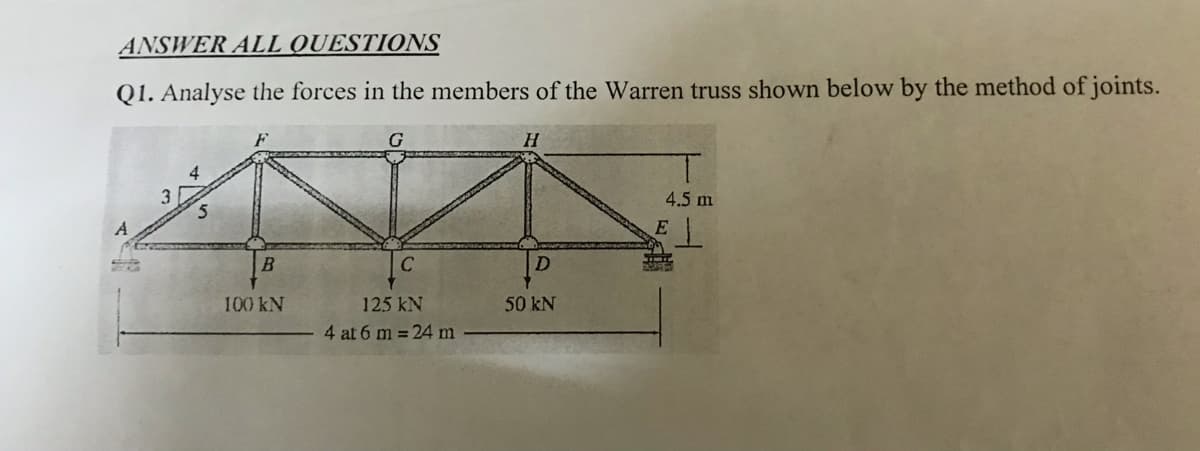 ANSWER ALL QUESTIONS
Q1. Analyse the forces in the members of the Warren truss shown below by the method of joints.
G
H.
4
4.5 m
E |
D
100 kN
125 kN
50 kN
4 at 6 m = 24 m
