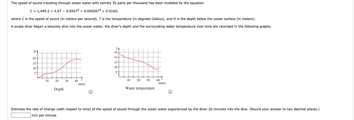 The speed of sound traveling through ocean water with salinity 35 parts per thousand has been modeled by the equation
C = 1,449.2 + 4.67 -0.05572 +0.000297³ + 0.016D,
where C is the speed of sound (in meters per second), T is the temperature (in degrees Celsius), and D is the depth below the ocean surface (in meters).
A scuba diver began a leisurely dive into the ocean water; the diver's depth and the surrounding water temperature over time are recorded in the following graphs.
TA
DA
20
30 40
(min)
10 20 30 40
Water temperature
Depth
Q
Estimate the rate of change (with respect to time) of the speed of sound through the ocean water experienced by the diver 20 minutes into the dive. (Round your answer to two decimal places.)
m/s per minute
20
15
10
10
16
14-
12-
10-
(min)