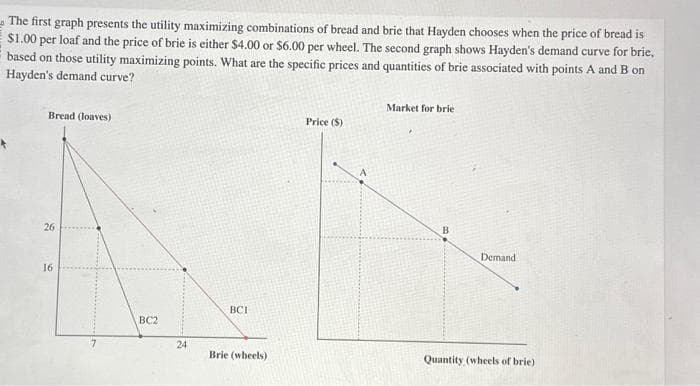 The first graph presents the utility maximizing combinations of bread and brie that Hayden chooses when the price of bread is
$1.00 per loaf and the price of brie is either $4.00 or $6.00 per wheel. The second graph shows Hayden's demand curve for brie,
based on those utility maximizing points. What are the specific prices and quantities of brie associated with points A and B on
Hayden's demand curve?
Bread (loaves)
26
16
BC2
24
BCI
Brie (wheels)
Price ($)
Market for brie
B
Demand
Quantity (wheels of brie)