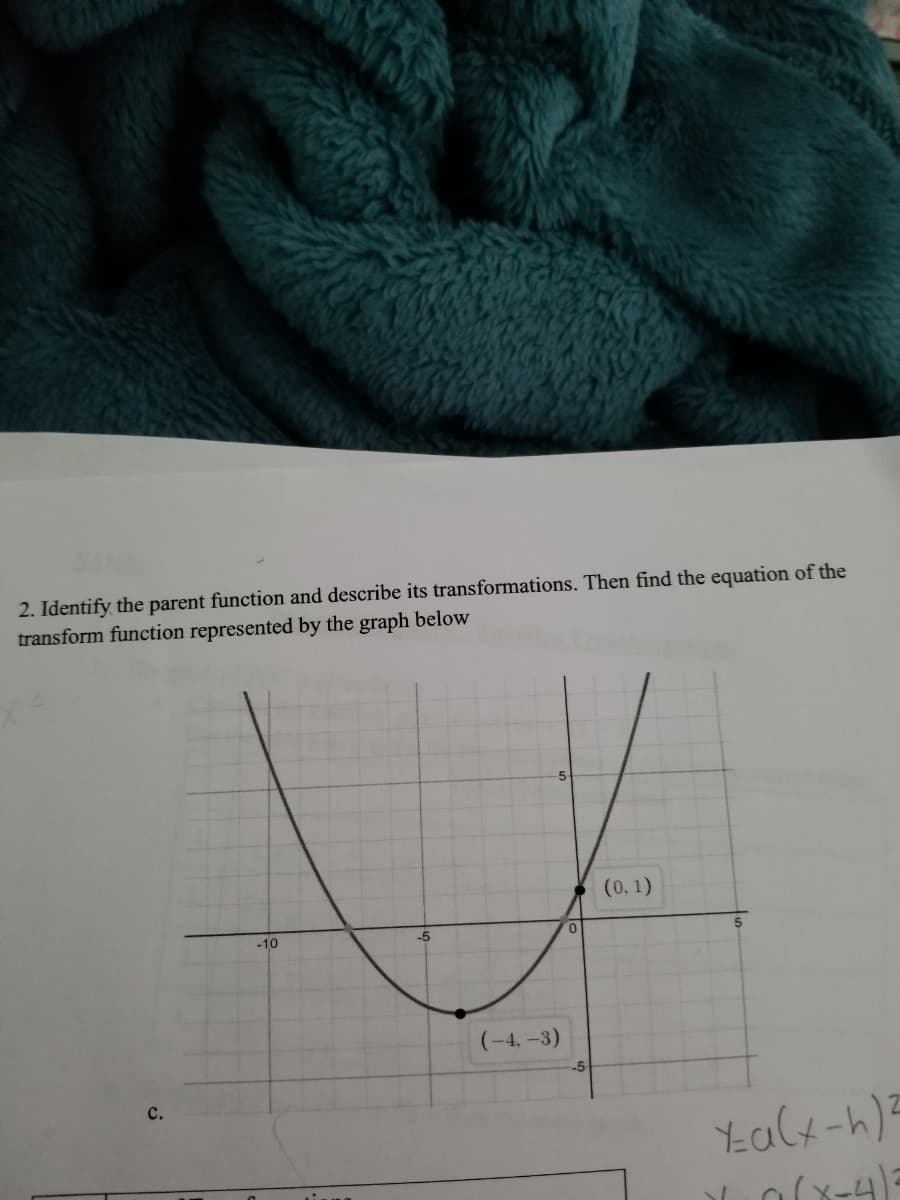 2. Identify the parent function and describe its transformations. Then find the equation of the
transform function represented by the graph below
(0, 1)
-10
(-4, -3)
с.
