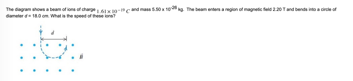 The diagram shows a beam of ions of charge, 61Y 10-19 c and mass 5.50 x 10-20 kg. The beam enters a region of magnetic field 2.20 T and bends into a circle of
diameter d = 18.0 cm. What is the speed of these ions?
d
B
