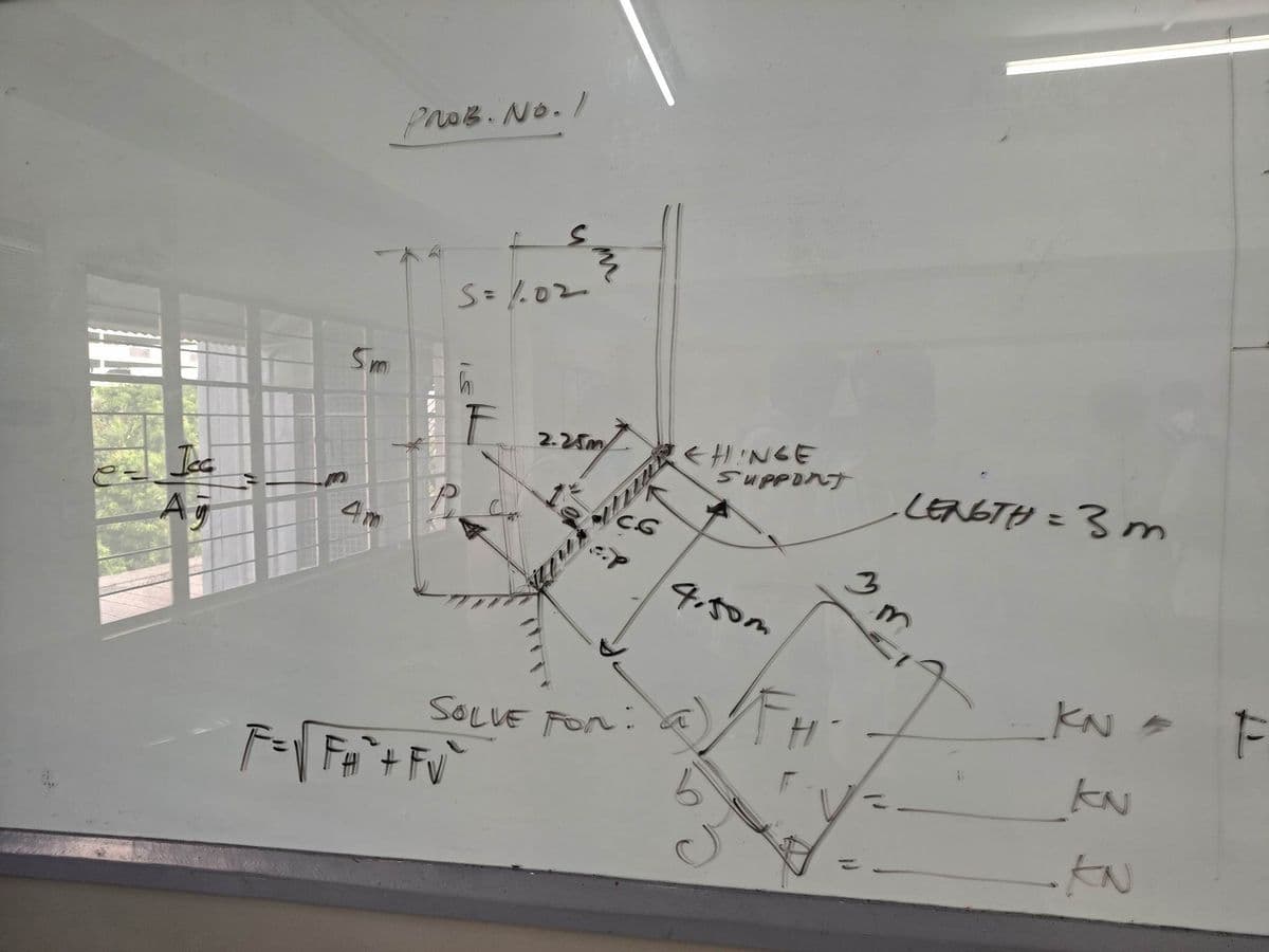 Ağ
5m
4m
PROB. NO. /
E
S= 102
h
F=√ F#²+ Fu²"
m
2.25m
CG
..P
SOLVE FOR:
Z
<HINGE
Support
4.50m
J
3m
LENGTH = 3m
KN =
KN
F