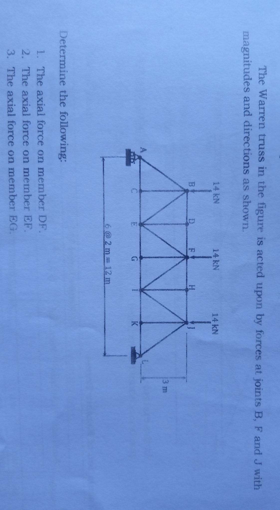 The Warren truss in the figure is acted upon by forces at joints B, F and J with
magnitudes and directions as shown.
14 kN
14 kN
14 kN
D.
H.
3 m
K
6@2m 12 m
Determine the following:
1. The axial force on member DF.
2. The axial force on member EF.
3. The axial force on member EG.
