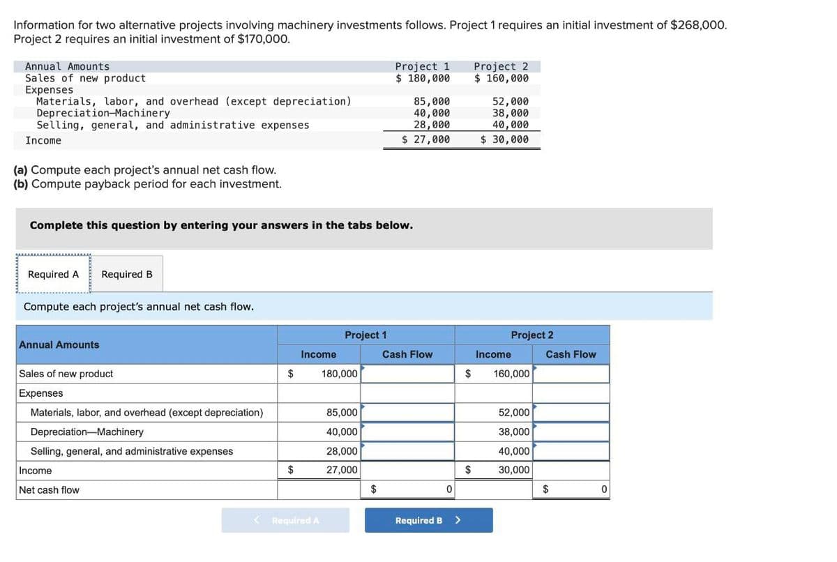 Information for two alternative projects involving machinery investments follows. Project 1 requires an initial investment of $268,000.
Project 2 requires an initial investment of $170,000.
Annual Amounts
Sales of new product
Expenses
Materials, labor, and overhead (except depreciation)
Depreciation-Machinery
Selling, general, and administrative expenses
Income
(a) Compute each project's annual net cash flow.
(b) Compute payback period for each investment.
Project 1
$ 180,000
Project 2
$ 160,000
85,000
52,000
40,000
28,000
38,000
40,000
$ 27,000
$ 30,000
Complete this question by entering your answers in the tabs below.
Required A Required B
Compute each project's annual net cash flow.
Annual Amounts
Sales of new product
Expenses
Project 1
Project 2
Income
Cash Flow
Income
Cash Flow
$
180,000
$
160,000
Materials, labor, and overhead (except depreciation)
85,000
Depreciation-Machinery
40,000
Selling, general, and administrative expenses
28,000
Income
$
27,000
Net cash flow
$
< Required A
52,000
38,000
40,000
$
30,000
0
$
0
Required
>