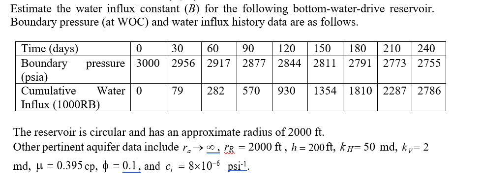 Estimate the water influx constant (B) for the following bottom-water-drive reservoir.
Boundary pressure (at WOC) and water influx history data are as follows.
Time (days)
Boundary
(psia)
Cumulative
Influx (1000RB)
30
60
90
120
150
180
210
240
pressure
3000
2956
2917 2877
2844
2811
2791
2773 2755
Water | 0
79
282
570
930
1354
1810 | 2287
2786
The reservoir is circular and has an approximate radius of 2000 ft.
Other pertinent aquifer data include r,→, R = 2000 ft , h = 200 ft, k H= 50 md, k,= 2
md, µ = 0.395 cp, ¢ = 0.1, and c, = 8×10-6 psi!.
