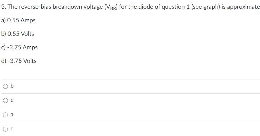 3. The reverse-bias breakdown voltage (VBR) for the diode of question 1 (see graph) is approximate
a) 0.55 Amps
b) 0.55 Volts
c) -3.75 Amps
d) -3.75 Volts
b
d
