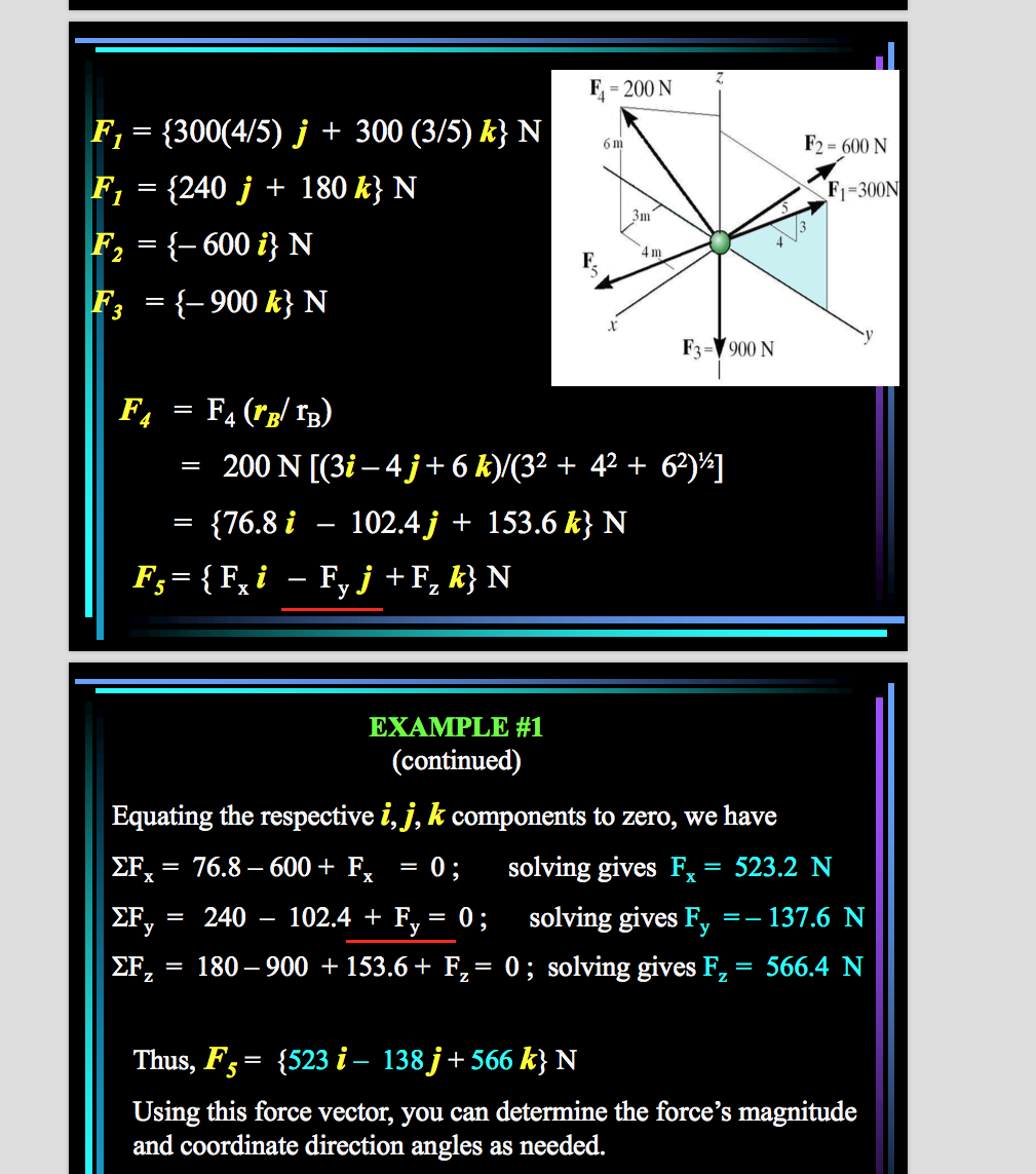 F = 200 N
F1 = {300(4/5) j + 300 (3/5) k} N
6 m
F2 = 600 N
F. = {240 j + 180 k} N
F1=300N
3m
F2 = {- 600 i} N
4 m
F3
: {- 900 k} N
F3=V 900 N
F4
F4 (rg/ TB)
= 200 N[(3i – 4 j+6 k/(3² + 4² + 6?)¾]
{76.8 i
102.4 j + 153.6 k} N
=
F;= { F,i – F, j +F, k} N
у
EXAMPLE #1
(continued)
Equating the respective i, j, k components to zero, we have
EF, = 76.8 – 600 + F,
0;
solving gives F,= 523.2 N
EF,
240
102.4 + F, = 0;
solving gives Fy
=-137.6 N
=
180 – 900 + 153.6 + F,= 0; solving gives F, = 566.4 N
EF z
%3D
%3|
Thus, F5= {523 i – 138 j+566 k} N
%3D
Using this force vector, you can determine the force's magnitude
and coordinate direction angles as needed.
