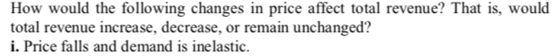 How would the following changes in price affect total revenue? That is, would
total revenue increase, decrease, or remain unchanged?
i. Price falls and demand is inelastic.
