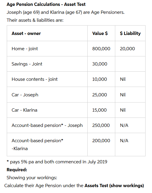 Age Pension Calculations - Asset Test
Joseph (age 69) and Klarina (age 67) are Age Pensioners.
Their assets & liabilities are:
Asset - owner
Value $
Home - joint
800,000
Savings - Joint
30,000
House contents - joint
10,000
Car - Joseph
25,000
Car - Klarina
15,000
Nil
Account-based pension* - Joseph
250,000 N/A
Account-based pension*
200,000 N/A
-Klarina
*pays 5% pa and both commenced in July 2019
Required:
Showing your workings:
Calculate their Age Pension under the Assets Test (show workings)
$ Liability
20,000
Nil
Nil