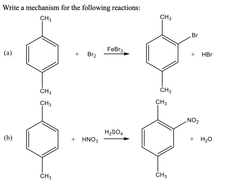 Write a mechanism for the following reactions:
CH3
CH3
Br
FeBr3
+ HBr
(a)
+
Br2
CH3
CH3
CH3
CH3
NO2
H2SO4
+ H20
(b)
+ HNO3
CH3
CH3
