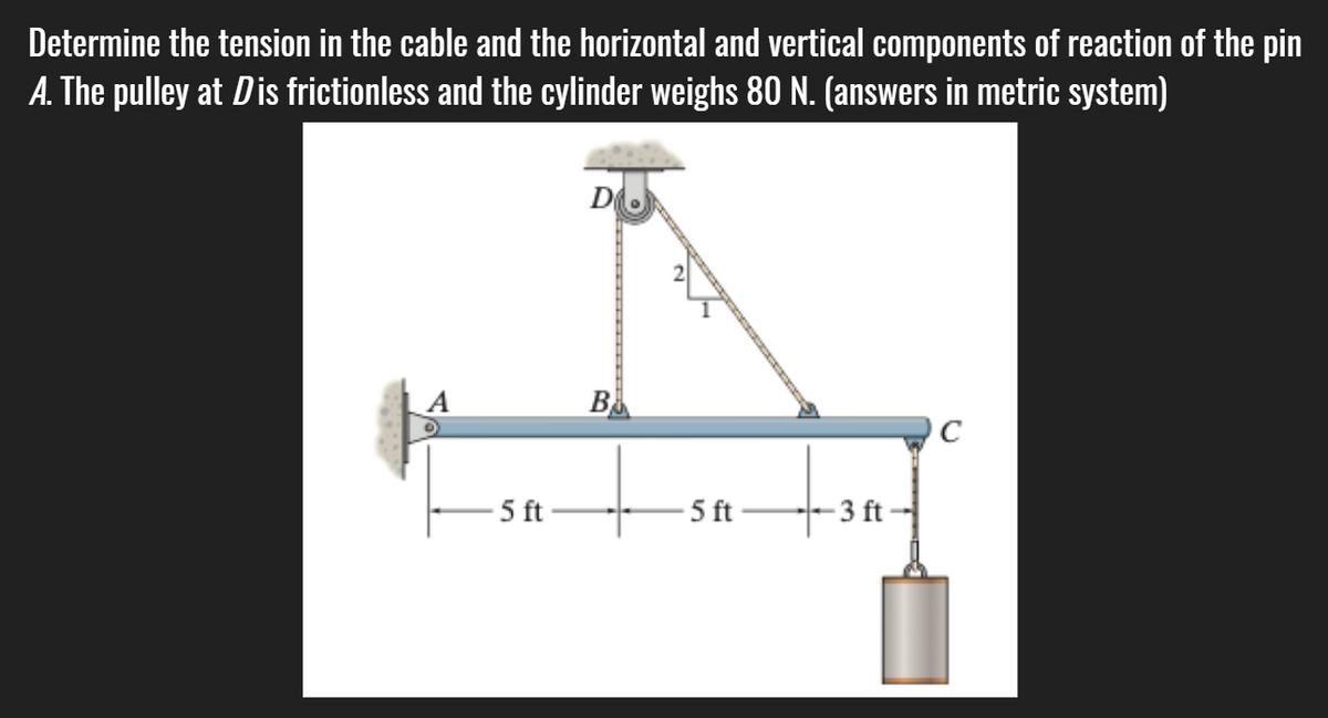 Determine the tension in the cable and the horizontal and vertical components of reaction of the pin
A. The pulley at Dis frictionless and the cylinder weighs 80 N. (answers in metric system)
B
C
5 ft
5 ft
- 3 ft –
