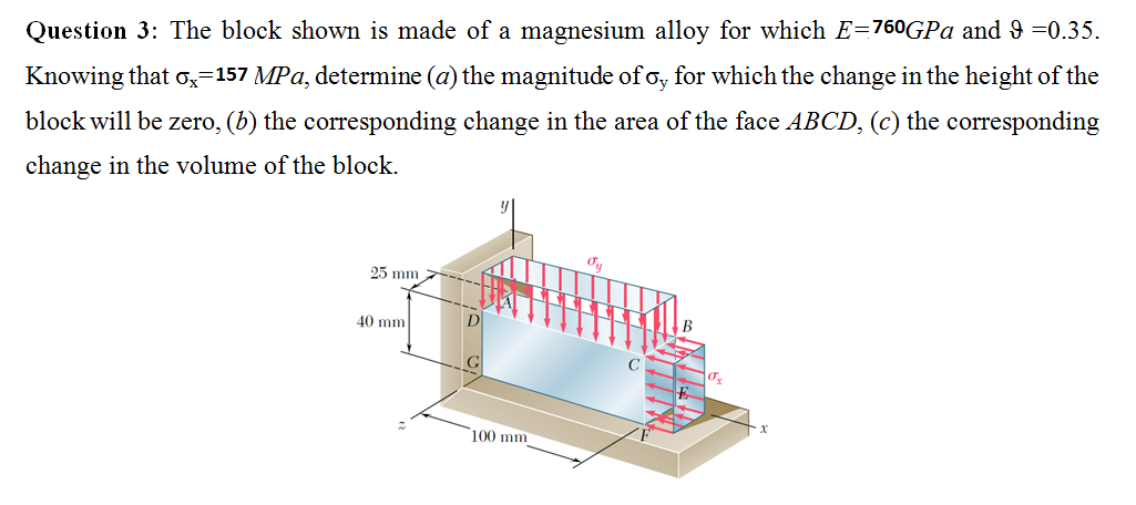 Question 3: The block shown is made of a magnesium alloy for which E=760GPa and 9 =0.35.
Knowing that o=157 MPa, determine (a) the magnitude of o, for which the change in the height of the
block will be zero, (b) the corresponding change in the area of the face ABCD, (c) the corresponding
change in the volume of the block.
