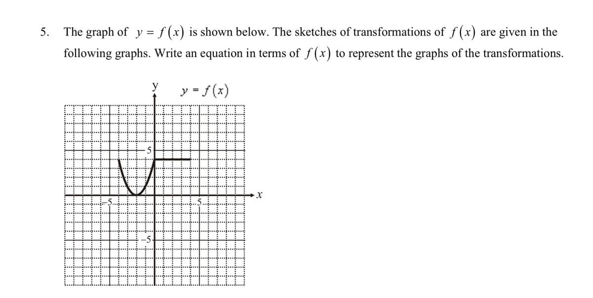 5. The graph of y = f(x) is shown below. The sketches of transformations of f(x) are given in the
following graphs. Write an equation in terms of f(x) to represent the graphs of the transformations.
##
#
5
y
y = f(x)
B