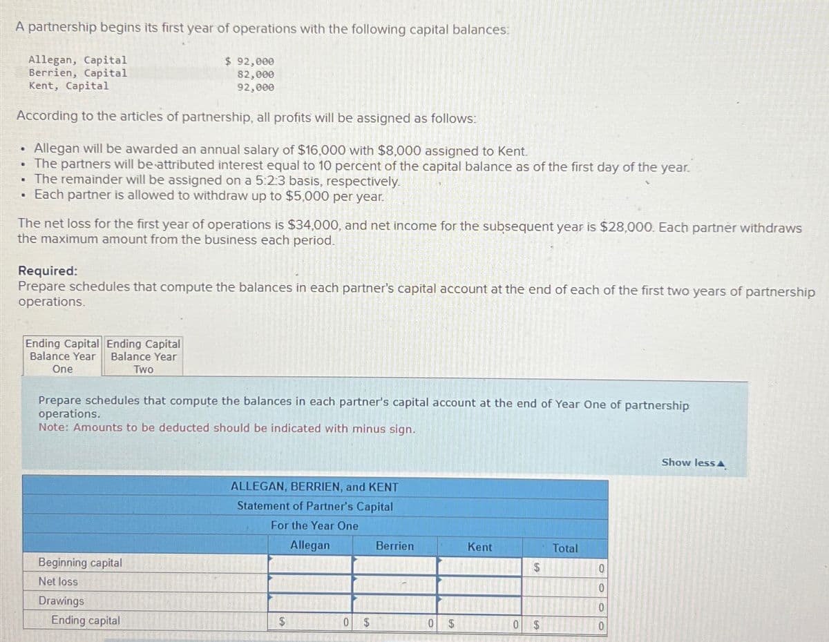 A partnership begins its first year of operations with the following capital balances:
Allegan, Capital
$ 92,000
Berrien, Capital
82,000
92,000
Kent, Capital
According to the articles of partnership, all profits will be assigned as follows:
Allegan will be awarded an annual salary of $16,000 with $8,000 assigned to Kent.
The partners will be attributed interest equal to 10 percent of the capital balance as of the first day of the year.
The remainder will be assigned on a 5:2:3 basis, respectively.
Each partner is allowed to withdraw up to $5,000 per year.
.
·
B
.
The net loss for the first year of operations is $34,000, and net income for the subsequent year is $28,000. Each partner withdraws
the maximum amount from the business each period.
Required:
Prepare schedules that compute the balances in each partner's capital account at the end of each of the first two years of partnership
operations.
Ending Capital Ending Capital
Balance Year Balance Year
One
Two
Prepare schedules that compute the balances in each partner's capital account at the end of Year One of partnership
operations.
Note: Amounts to be deducted should be indicated with minus sign.
Beginning capital
Net loss
Drawings
Ending capital
ALLEGAN, BERRIEN, and KENT
Statement of Partner's Capital
For the Year One
Allegan
SUPE
THEOFTHAVE
$0 $
Berrien
Kent
$
0 $0 $
SA
Total
0
10
0
0
Show less