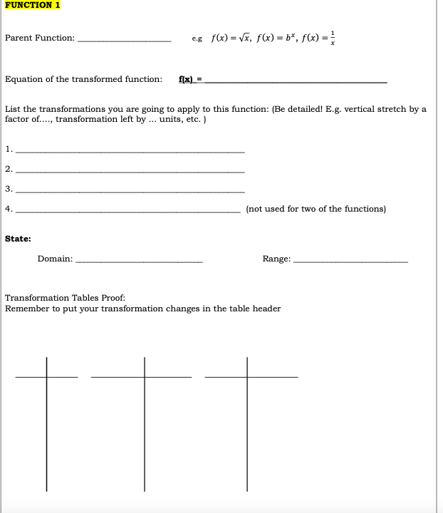 FUNCTION 1
Parent Function:
c.g_f(x)=√x, f(x) = bx, f(x) = //
Equation of the transformed function:
f(x) =
List the transformations you are going to apply to this function: (Be detailed! E.g. vertical stretch by a
factor of....., transformation left by... units, etc.)
1.
2.
3.
4.
(not used for two of the functions)
State:
Domain:
Range:
Transformation Tables Proof:
Remember to put your transformation changes in the table header