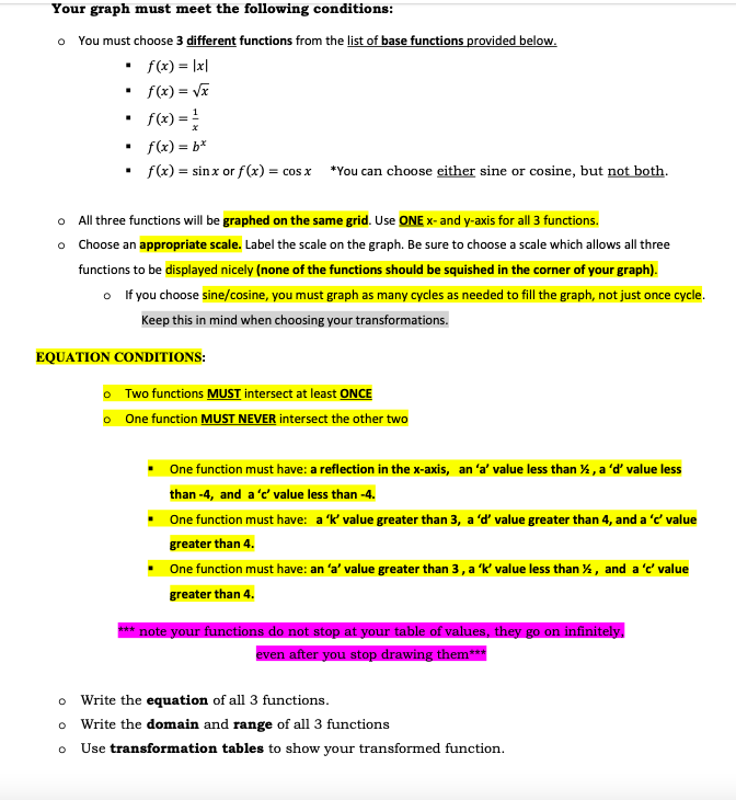 Your graph must meet the following conditions:
o You must choose 3 different functions from the list of base functions provided below.
.
f(x) = |x|
f(x)=√x
.
f(x)=1/
▪ f(x)=bx
f(x) = sinx or f(x) = cos x *You can choose either sine or cosine, but not both.
O
All three functions will be graphed on the same grid. Use ONE x- and y-axis for all 3 functions.
o Choose an appropriate scale. Label the scale on the graph. Be sure to choose a scale which allows all three
functions to be displayed nicely (none of the functions should be squished in the corner of your graph).
o If you choose sine/cosine, you must graph as many cycles as needed to fill the graph, not just once cycle.
Keep this in mind when choosing your transformations.
o Two functions MUST intersect at least ONCE
o One function MUST NEVER intersect the other two
• One function must have: a reflection in the x-axis, an 'a' value less than ½, a 'd' value less
than-4, and a 'c' value less than -4.
• One function must have: a 'k' value greater than 3, a 'd' value greater than 4, and a 'c' value
greater than 4.
• One function must have: an 'a' value greater than 3, a 'k' value less than ½, and a 'c' value
greater than 4.
* note your functions do not stop at your table of values, they go on infinitely,
even after you stop drawing them***
o Write the equation of all 3 functions.
0 Write the domain and range of all 3 functions
O Use transformation tables to show your transformed function.
EQUATION CONDITIONS: