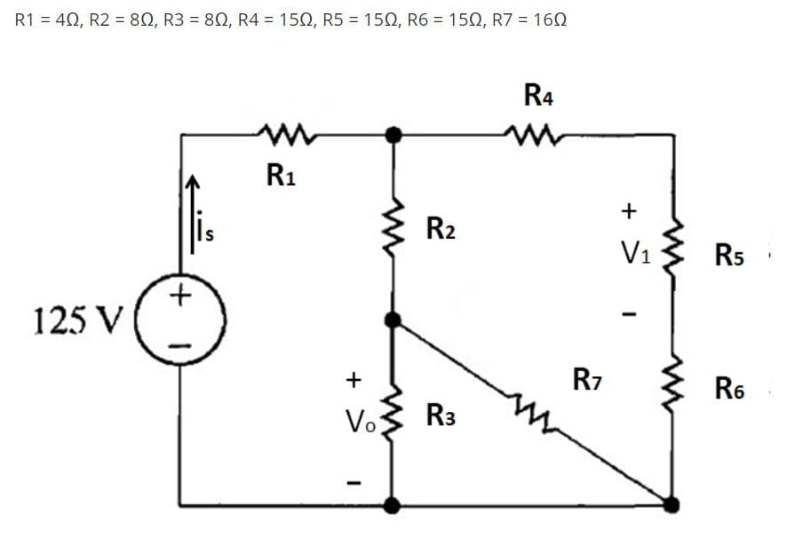 R1 -4Ω, R28Ω, R3 8Ω, R4 =15Ω , R5 = 15Ω , R6 = 15 , R7 = 16Ω
%3D
R4
R1
R2
V1
R5
t.
125 V
R7
R6
Vo
R3
+
+
