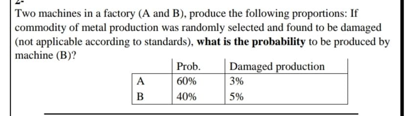 Two machines in a factory (A and B), produce the following proportions: If
commodity of metal production was randomly selected and found to be damaged
(not applicable according to standards), what is the probability to be produced by
machine (B)?
Prob.
Damaged production
A
60%
3%
В
40%
5%
