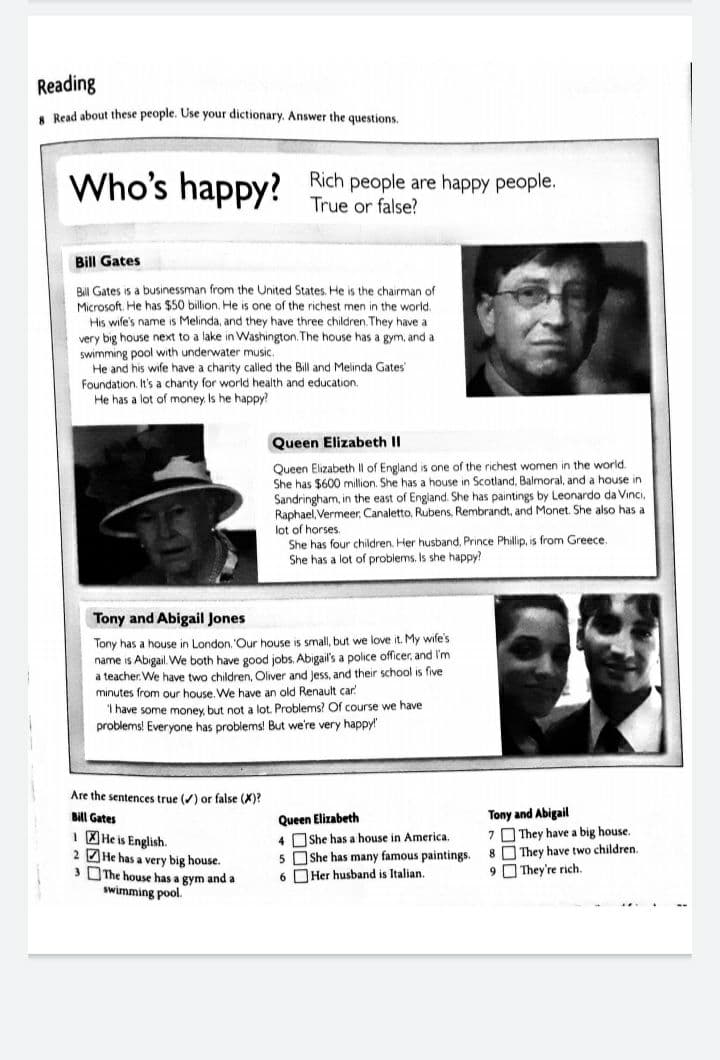 Reading
. Read about these people. Use your dictionary. Answer the questions.
Who's happy?
Rich people are happy people.
True or false?
Bill Gates
Bill Gates is a businessman from the United States. He is the chairman of
Microsoft. He has $50 billion. He is one of the richest men in the world.
His wife's name is Melinda, and they have three children. They have a
very big house next to a lake in Washington. The house has a gym, and a
swimming pool with underwater music.
He and his wife have a charity called the Bill and Melinda Gates"
Foundation. It's a chanty for world health and education.
He has a lot of money. Is he happy?
Queen Elizabeth II
Queen Elizabeth Il of England is one of the richest women in the world.
She has $600 million. She has a house in Scotland, Balmoral, and a house in
Sandringham, in the east of England. She has paintings by Leonardo da Vinci,
Raphael, Vermeer, Canaletto, Rubens, Rembrandt, and Monet. She also has a
lot of horses.
She has four children. Her husband, Prince Phillip, is from Greece
She has a lot of problems. Is she happy?
Tony and Abigail Jones
Tony has a house in London. 'Our house is small, but we love it. My wife's
name is Abigail. VWe both have good jobs. Abigail's a police officer, and I'm
a teacher. We have two children, Oliver and Jess, and their school is five
minutes from our house, We have an old Renault car!
I have some money, but not a lot. Problems? Of course we have
problems! Everyone has problems! But we're very happy!
Are the sentences true (/) or false (X)?
Tony and Abigail
7 O They have a big house.
8 O They have two children.
9 O They're rich.
Bill Gates
Queen Elizabeth
I He is English.
2 He has a very big house.
3 OThe house has a gym and a
swimming pool.
4 She has a house in America.
5 OShe has many famous paintings.
6 OHer husband is Italian.
