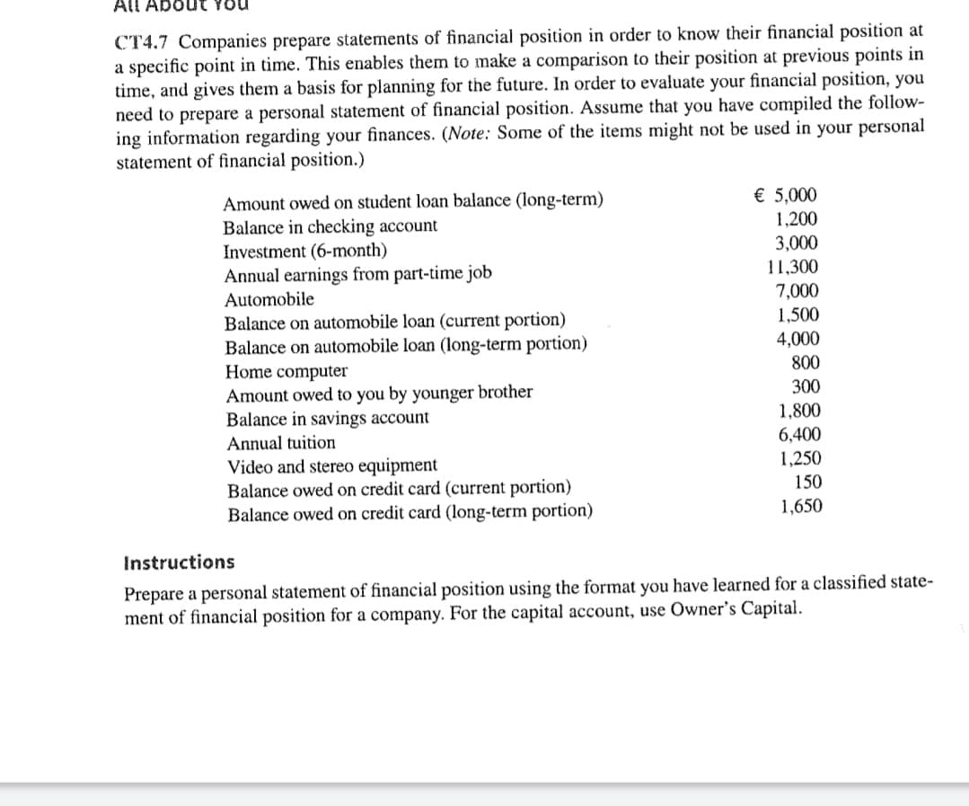 Instructions
Prepare a personal statement of financial position using the format you have learned for a classified state-
ment of financial position for a company. For the capital account, use Owner's Capital.
