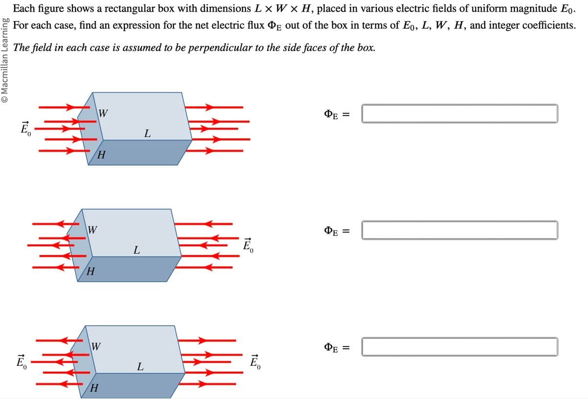 O Macmillan Learning
Each figure shows a rectangular box with dimensions L × W × H, placed in various electric fields of uniform magnitude Eo.
For each case, find an expression for the net electric flux PÅ out of the box in terms of Eo, L, W, H, and integer coefficients.
The field in each case is assumed to be perpendicular to the side faces of the box.
10
Ē
10
Ē
W
H
W
H
W
H
L
L
L
E
10
Ē
ΦΕ
ΦΕ
=
=
ΦΕ =