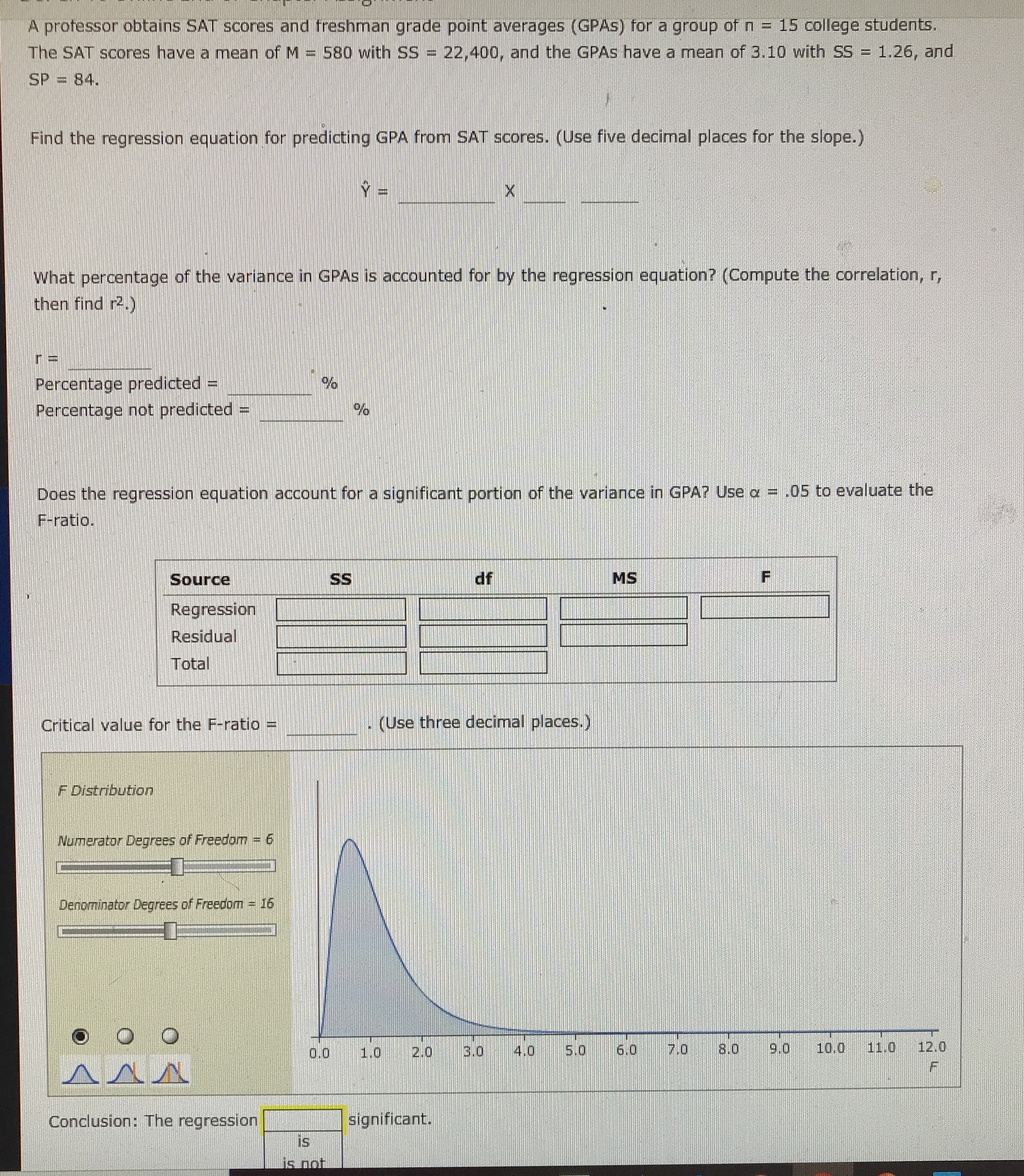 A protessor obtains SAT scores and freshman grade point averages (GPAS) for a group of n = 15 college students.
The SAT scores have a mean of M = 580 with SS = 22,400, and the GPAS have a mean of 3.10 with SS = 1.26, and
%3D
SP = 84.
Find the regression equation for predicting GPA from SAT scores. (Use five decimal places for the slope.)
What percentage of the variance in GPAS is accounted for by the regression equation? (Compute the correlation, r,
then find r2.)
Percentage predicted =
Percentage not predicted
Does the regression equation account for a significant portion of the variance in GPA? Use a = .05 to evaluate the
F-ratio.
Source
SS
df
MS
Regression
Residual
Total
Critical value for the F-ratio =
(Use three decimal places.)
F Distribution
Numerator Degrees of Freedom 6
Denominator Degrees of Freedom = 16
0.0
1.0
2.0
3.0
4.0
5.0
6.0
7.0
8.0
9.0
10.0
11.0
12.0
Conclusion: The regression
significant.
is
is not
%3D
