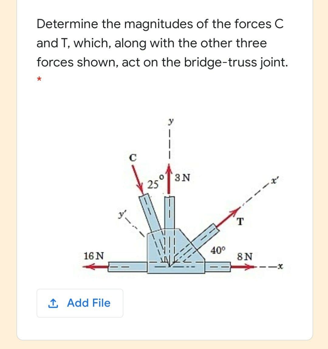 Determine the magnitudes of the forces C
and T, which, along with the other three
forces shown, act on the bridge-truss joint.
y
3N
25
T.
40°
16 N
8N
-x
1 Add File
