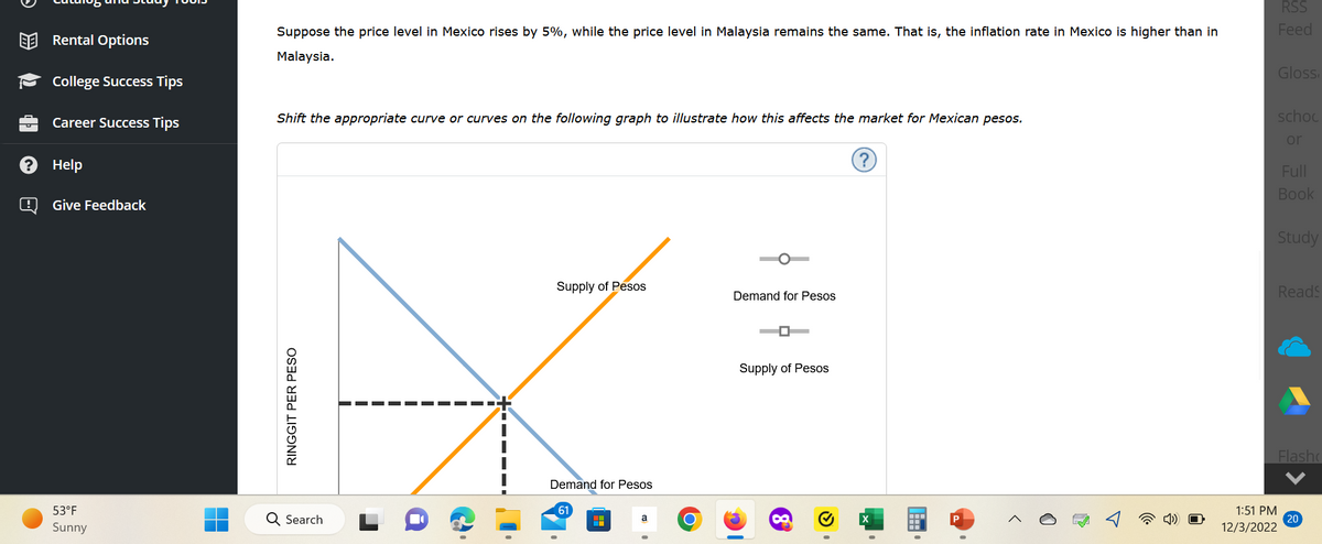 2
Rental Options
College Success Tips
Career Success Tips
Help
Give Feedback
53°F
Sunny
Suppose the price level in Mexico rises by 5%, while the price level in Malaysia remains the same. That is, the inflation rate in Mexico is higher than in
Malaysia.
Shift the appropriate curve or curves on the following graph to illustrate how this affects the market for Mexican pesos.
RINGGIT PER PESO
Q Search
Supply of Pesos
Demand for Pesos
61
H
Demand for Pesos
Supply of Pesos
(?)
1:51 PM
12/3/2022
RSS
Feed
Glossi
schoo
or
Full
Book
Study
Reads
Flash
20