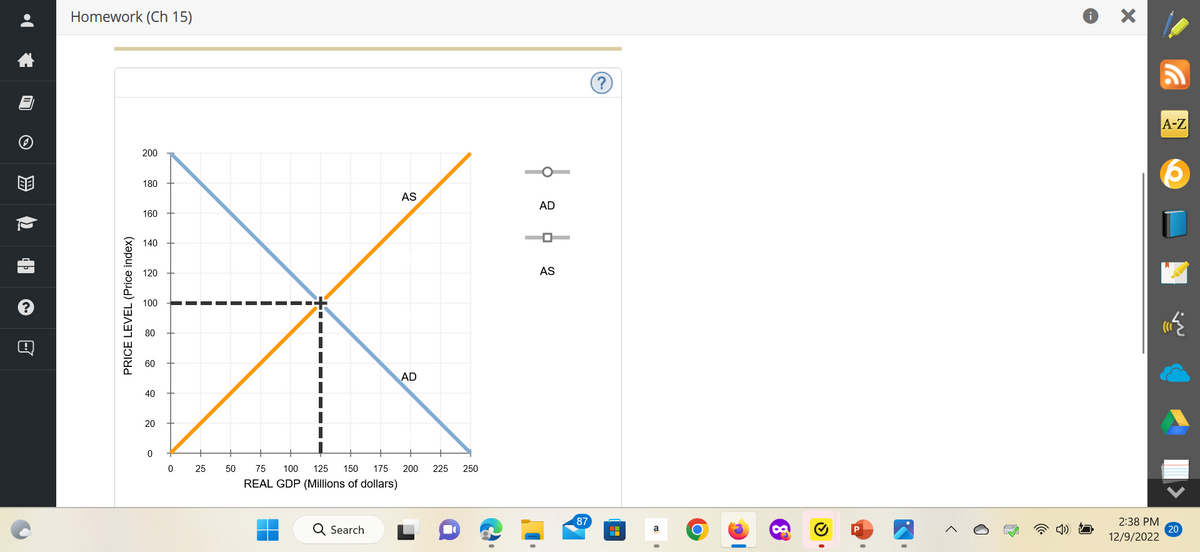 €
O
}
စ
၁ ]
Homework (Ch 15)
PRICE LEVEL (Price index)
200
180
160
140
120
100
80
60
40
20
0
0
25
50
75 100 125 150 175
REAL GDP (Millions of dollars)
Q Search
AS
AD
200 225 250
ပုံပုံ
AD
AS
87
?
H
a
၈)၊
8
X
2:38 PM
12/9/2022
A-Z
20