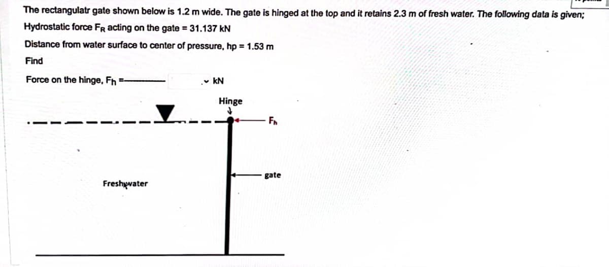 The rectangulatr gate shown below is 1.2 m wide. The gate is hinged at the top and it retains 2.3 m of fresh water. The following data is given;
Hydrostatic force FR acting on the gate = 31.137 kN
Distance from water surface to center of pressure, hp = 1.53 m
Find
Force on the hinge, Fh =-
v kN
Hinge
Fn
gate
Freshywater
