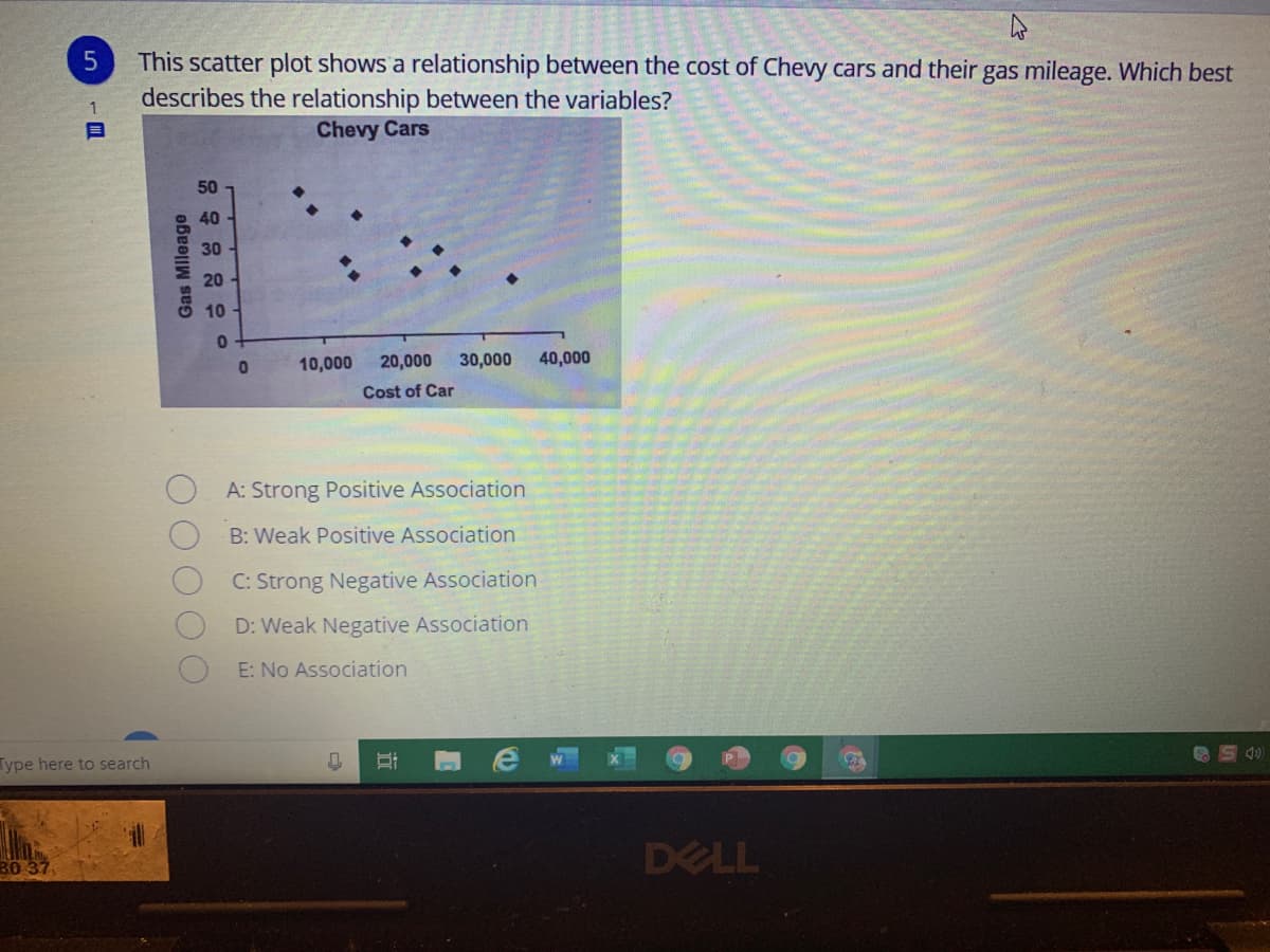 This scatter plot shows a relationship between the cost of Chevy cars and their gas mileage. Which best
describes the relationship between the variables?
5
1
Chevy Cars
50
40
30
20
10
10,000
20,000
30,000
40,000
Cost of Car
A: Strong Posi
Association
B: Weak Positive Association
C: Strong Negative Association
D: Weak Negative Association
E: No Association
Type here to search
DELL
30
OOO
Gas Mileage
