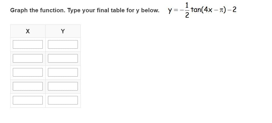 1
Graph the function. Type your final table for y below.
y =
tan(4x - n) -2
2
X
Y
