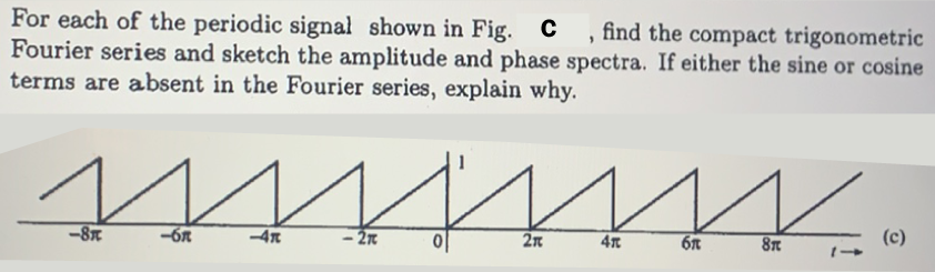 For each of the periodic signal shown in Fig. C
Fourier series and sketch the amplitude and phase spectra. If either the sine or cosine
terms are absent in the Fourier series, explain why.
find the compact trigonometric
-8x
-6n
-4x
- 2n
2n
4T
6n
(c)
