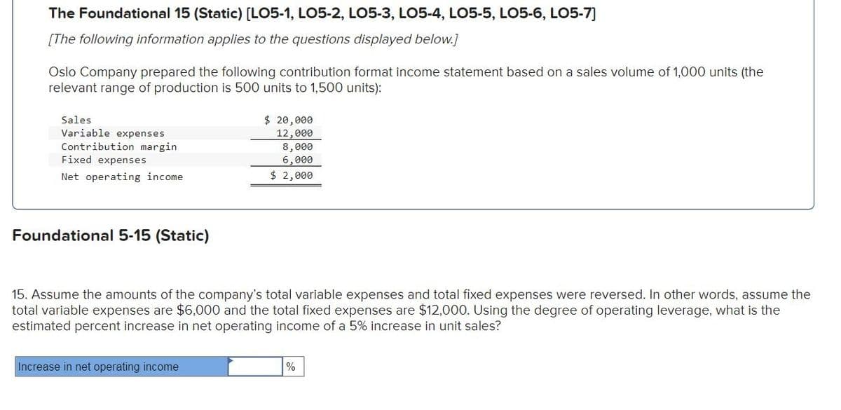 The Foundational 15 (Static) [LO5-1, LO5-2, LO5-3, LO5-4, LO5-5, LO5-6, LO5-7]
[The following information applies to the questions displayed below.]
Oslo Company prepared the following contribution format income statement based on a sales volume of 1,000 units (the
relevant range of production is 500 units to 1,500 units):
Sales
Variable expenses
Contribution margin
Fixed expenses
Net operating income
Foundational 5-15 (Static)
$ 20,000
12,000
Increase in net operating income
8,000
6,000
$ 2,000
15. Assume the amounts of the company's total variable expenses and total fixed expenses were reversed. In other words, assume the
total variable expenses are $6,000 and the total fixed expenses are $12,000. Using the degree of operating leverage, what is the
estimated percent increase in net operating income of a 5% increase in unit sales?
%