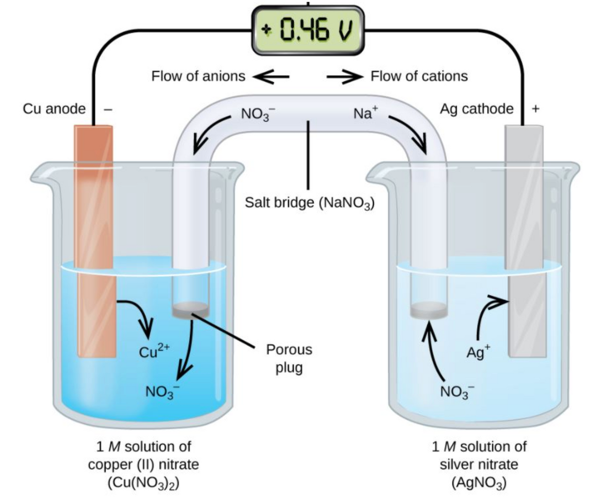 + 0.46 V
Flow of anions
Flow of cations
Cu anode
NO3
Na*
Ag cathode +
Salt bridge (NaNO3)
Cu2+
Porous
Ag*
plug
NO3
NO3
1 M solution of
copper (II) nitrate
(Cu(NO3)2)
1 M solution of
silver nitrate
(AGNO3)
